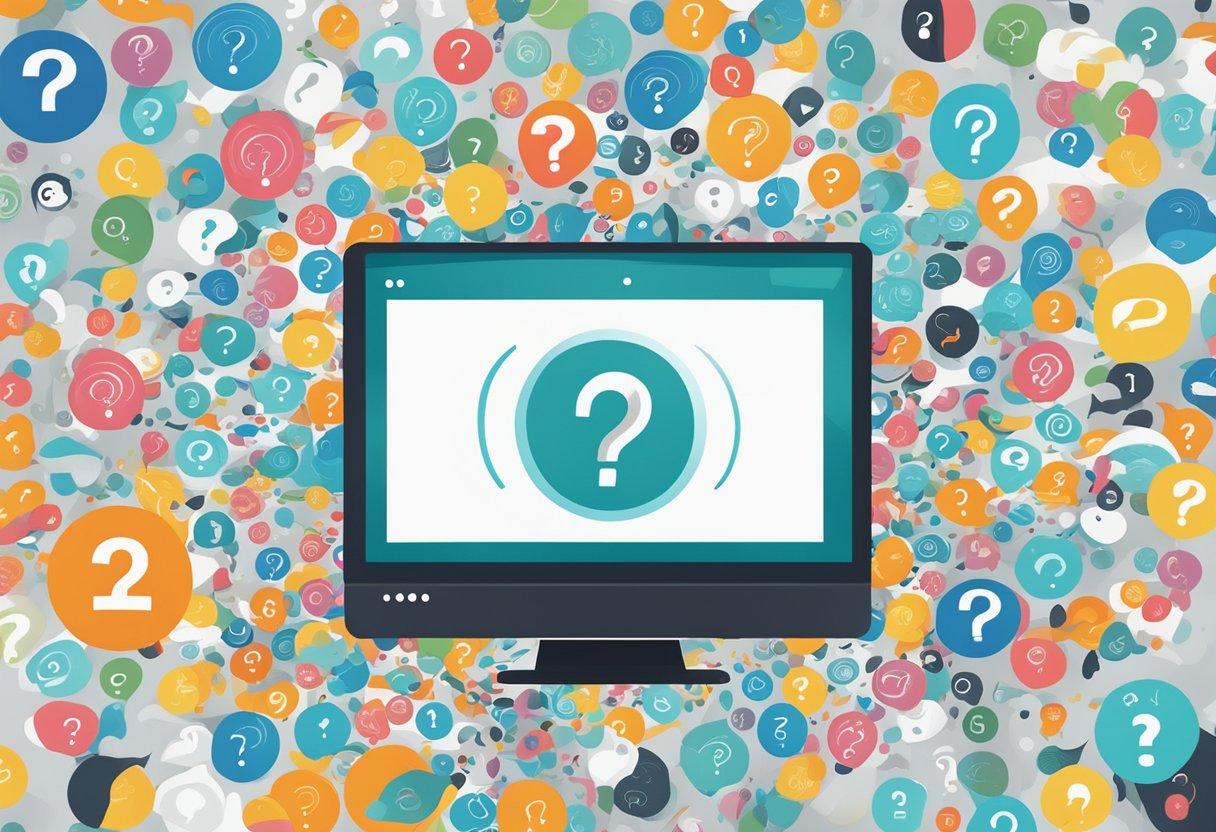A computer screen with a question mark symbol surrounded by swirling internet icons and symbols
