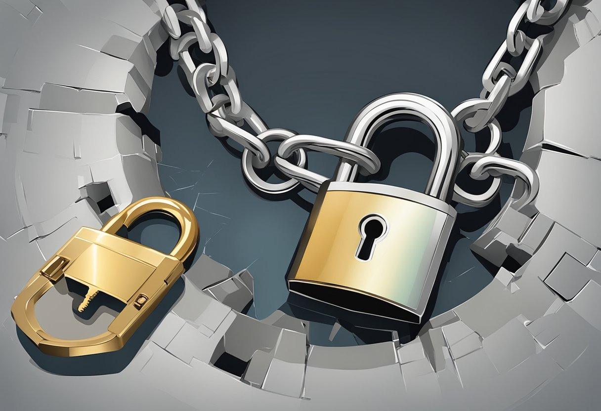 Un lucchetto e una chiave simboleggiano sicurezza e affidabilità. Una catena rotta rappresenta preoccupazioni. Le parole 'accorciatore di URL' sono mostrate in modo prominente.
